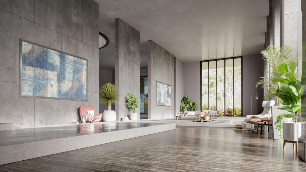 Modern luxurious concrete living room with pool